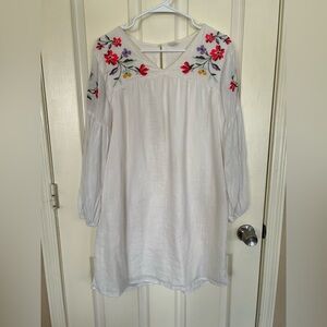 Old Navy White Embroidered Peasant Dress Size Large Boho Floral Tunic Mini Dress